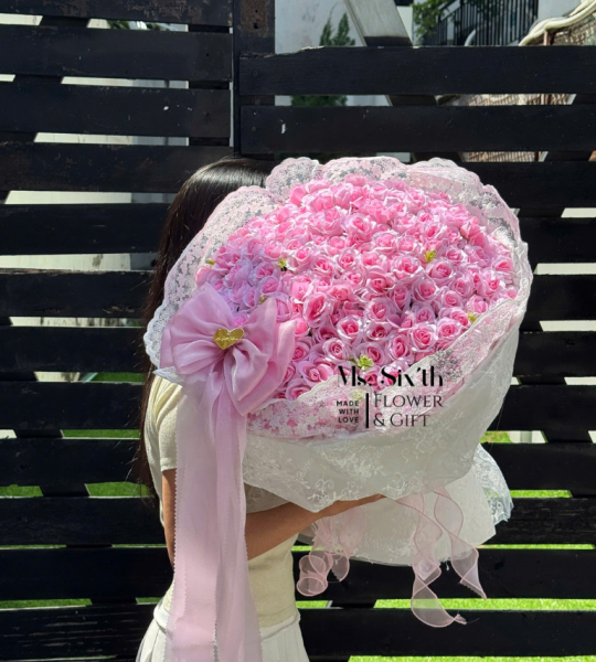 Hoa Hồng Laura Lụa Kèm Nơ Kép, Ren Tấm