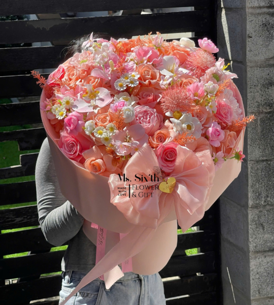 Hoa Sáp Mix Lụa Tone Cam San Hô Kèm Nơ Kép
